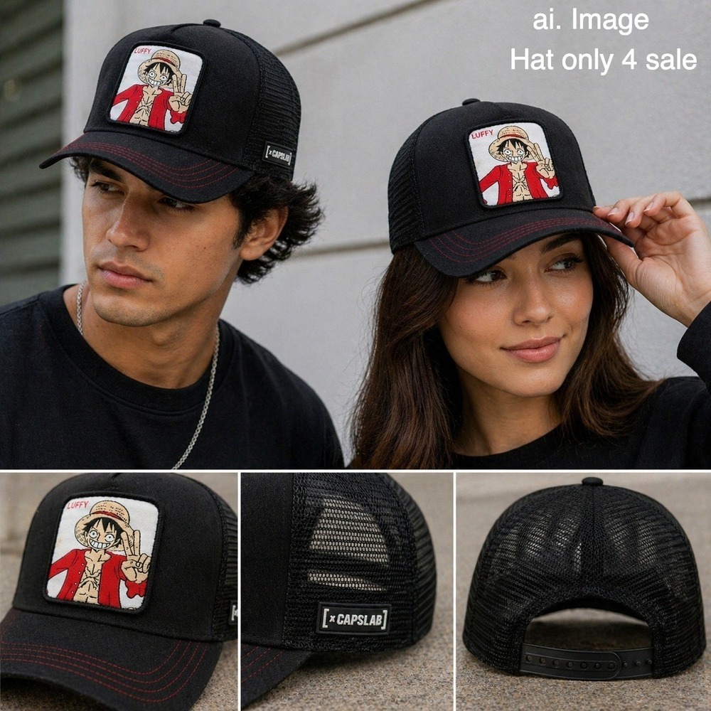 Capslab One Piece Luffy Trucker Hat Black Snapback Anime Manga Mesh Cap Patch